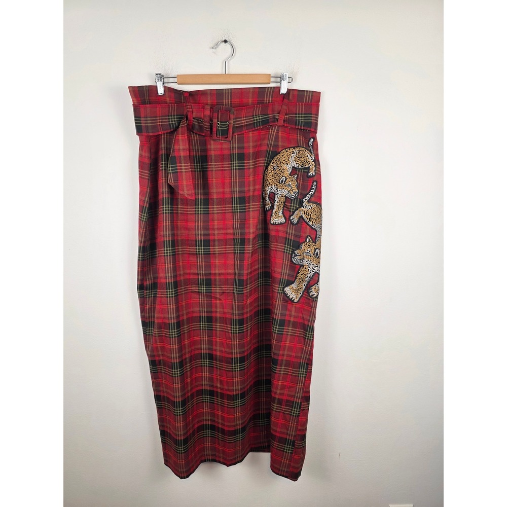 Dressed In Lala Mischief Maker Red Plaid Leopard Belted Maxi Skirt 2X
